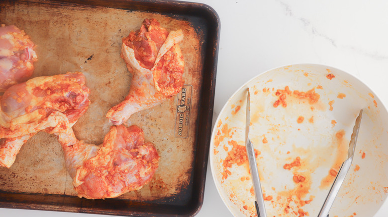 Roasting chicken on tray