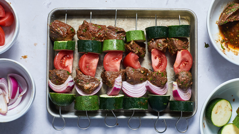 meat and vegetables on skewers