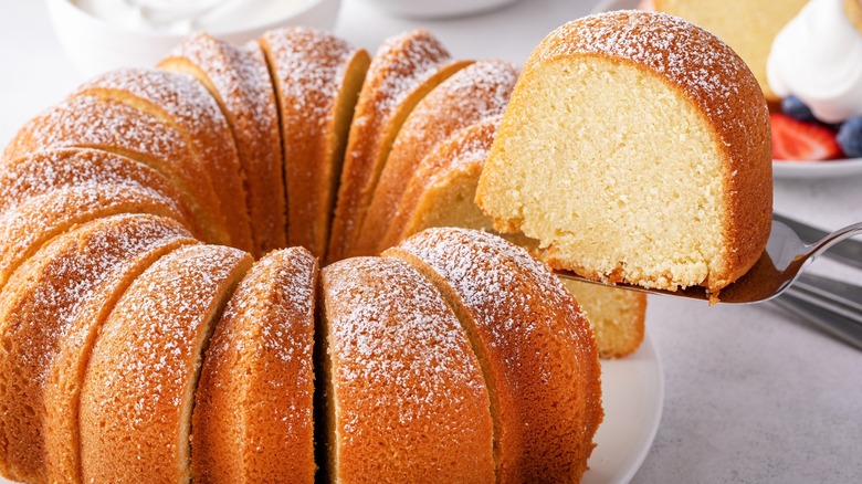 A sliced Bundt pound cake