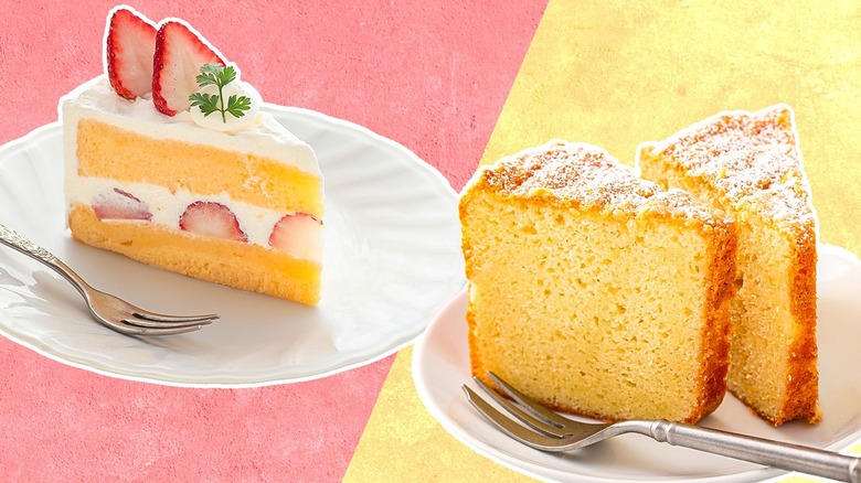 A slice of strawberry shortcake and poundcake side by side