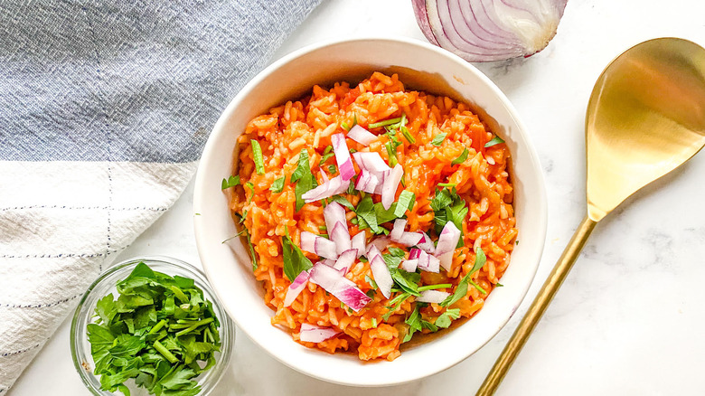 garnished spanish rice in bowl