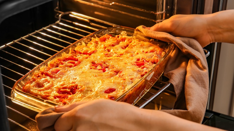 Casserole coming out of oven 