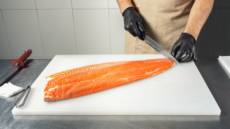 A gloved person cutting a piece of raw salmon