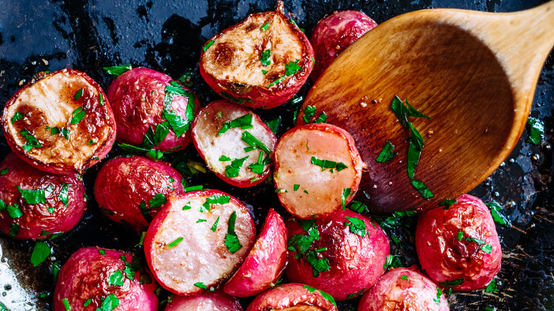 roasted radishes in pan