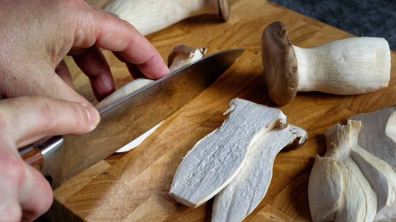 man cutting oyster mushrooms