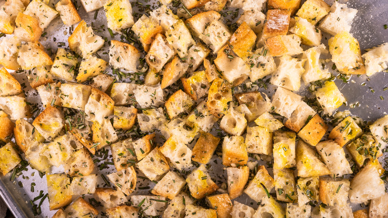 Homemade croutons in a pan