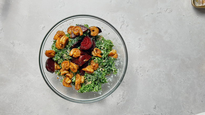 shrimp and beet salad in glass bowl