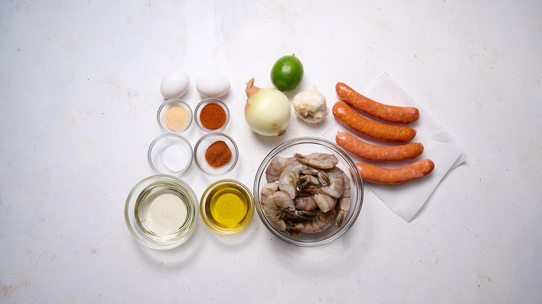 shrimp and chorizo skewer ingredients on a table