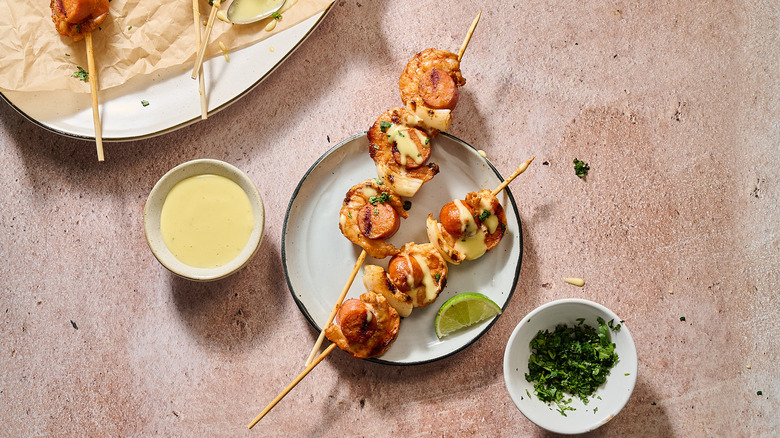 shrimp and chorizo skewers on plate