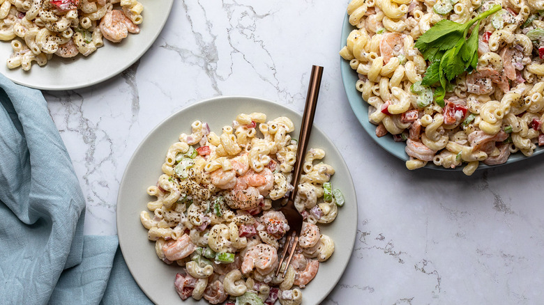 macaroni shrimp salad in bowls