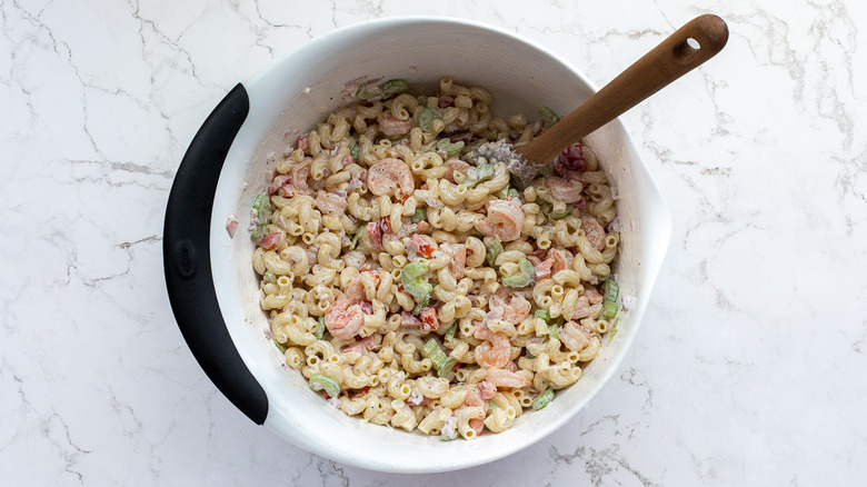 pasta shrimp salad in bowl