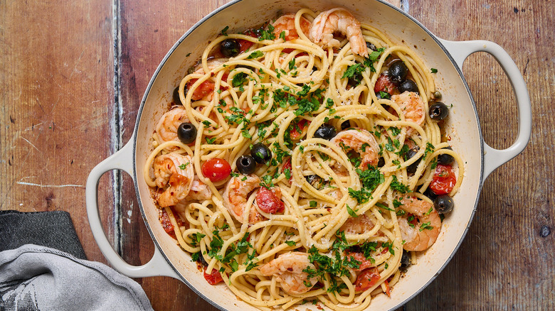 shrimp puttanesca in a skillet