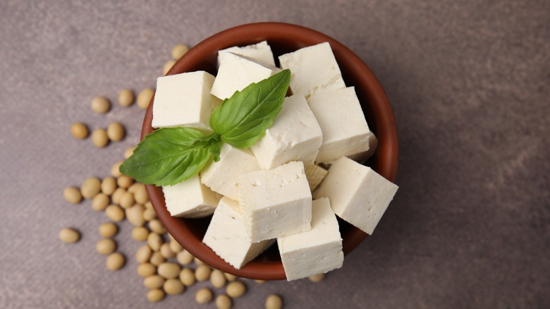 Bowl of chopped tofu