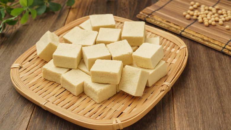 Chopped blocks of tofu