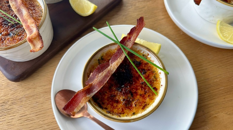 creme brulee with bacon slice