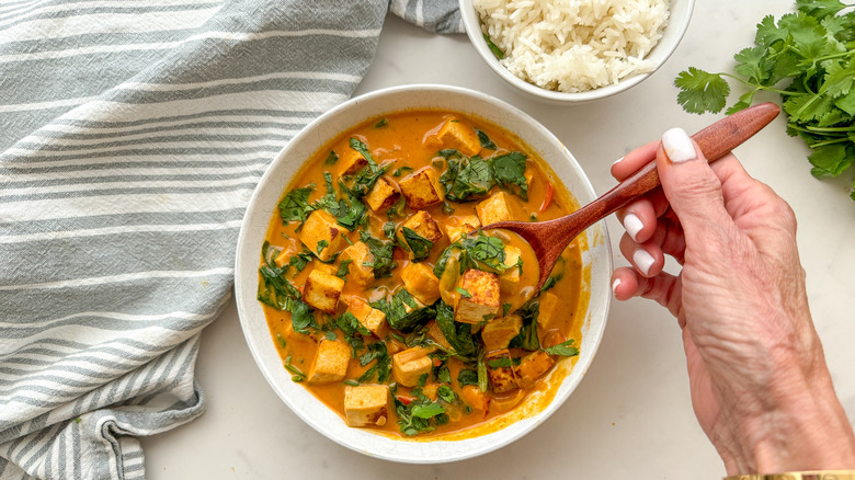 hand in curry with spoon