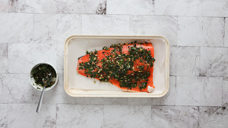 Salmon topped with chimichurri