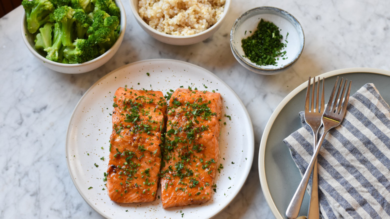 salmon with rice and broccoli