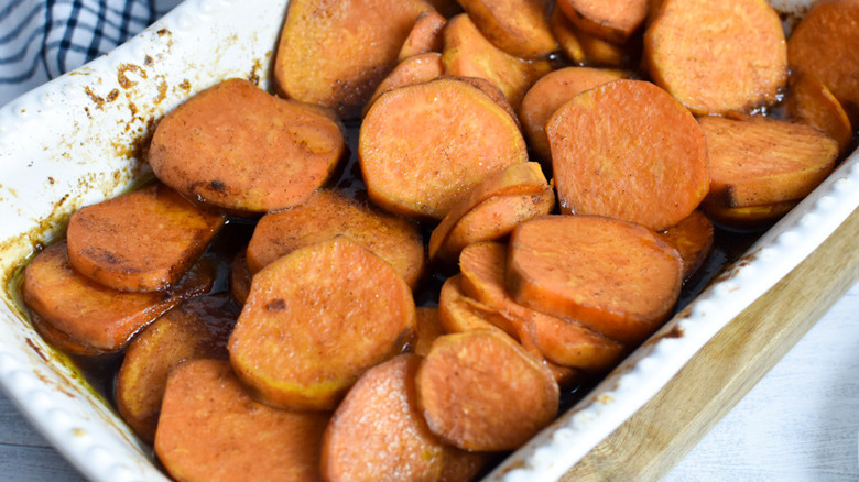candied yams in baking dish 