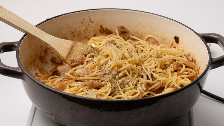 caramelized onion pasta in pan