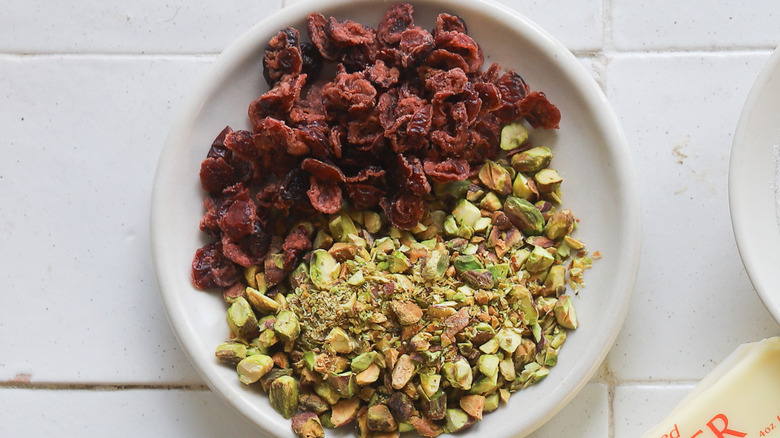 Plate of cranberries and pistachios