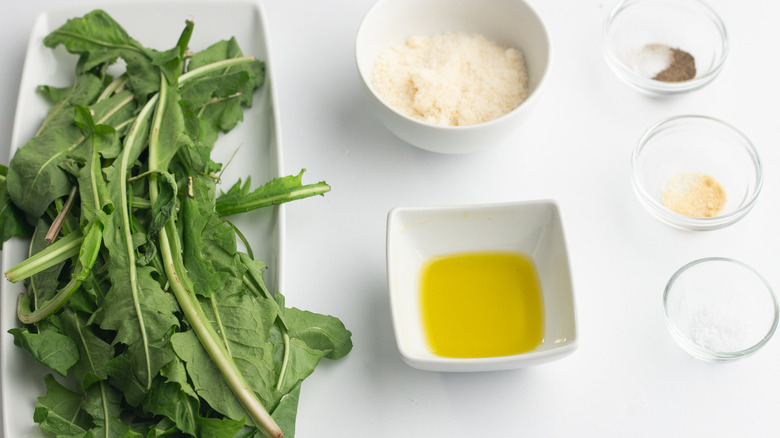 dandelion greens, spices, and oil