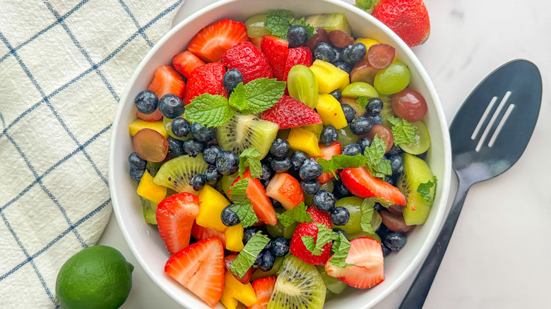 white bowl of fruit salad