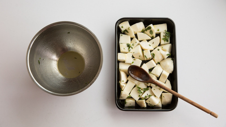 chopped turnips in pan