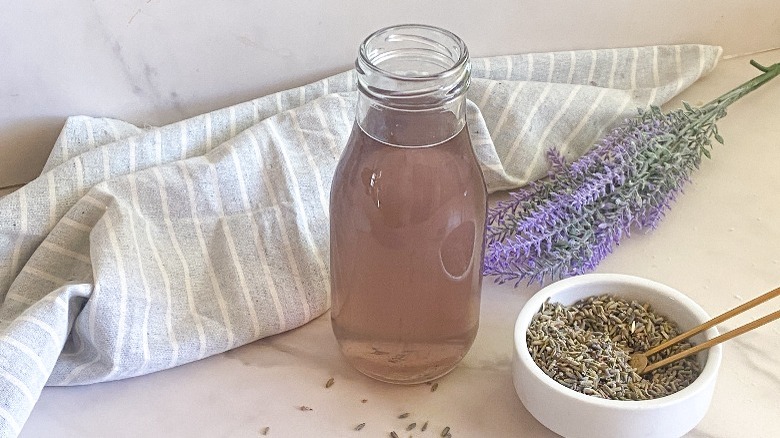 bottle of syrup with lavender flowers