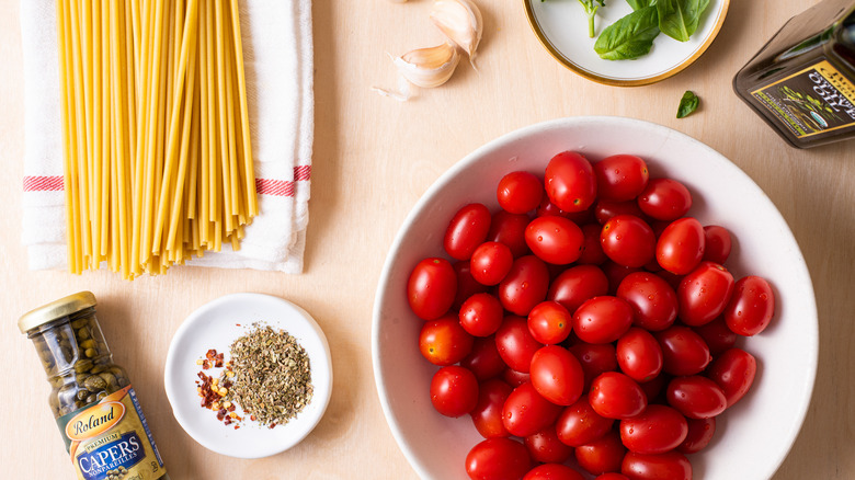 Ingredients gathered to make oven roasted bucatini.