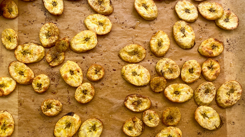 cooked plantains on baking tray