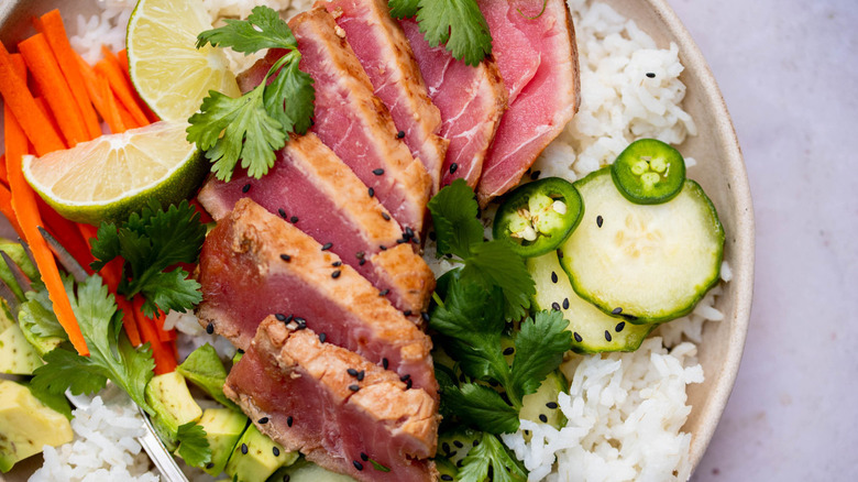 sliced ahi tuna on plate