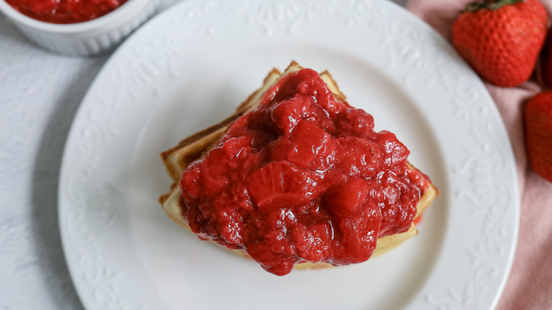 strawberry compote on waffles