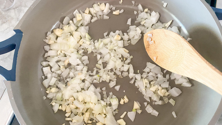 onion and garlic in pan 
