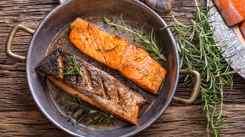 Salmon fillets in a pan 