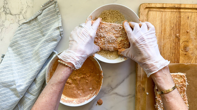 coating the tofu with panko