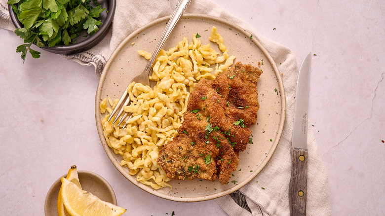 schnitzel and spaetzle on plate