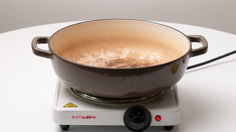 Ovenproof dish on heating element