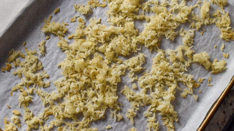 rice on a baking sheet