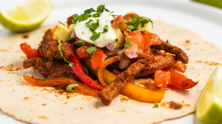 fajita filling on flour tortilla