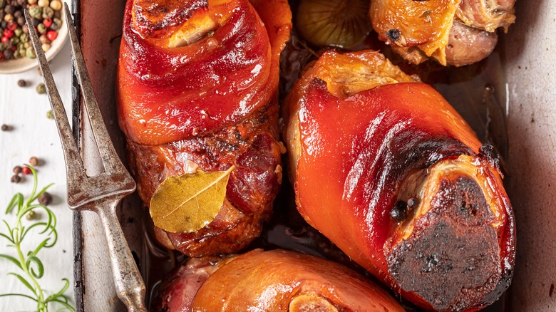 Close-up of roasted ham hocks