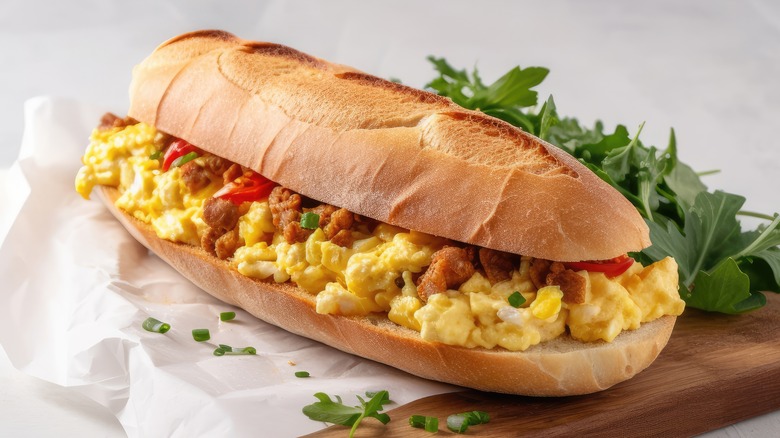 egg and sausage sandwich on baguette