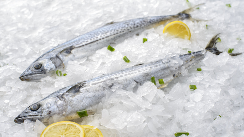 Two fish in a bucket of ice with lemons