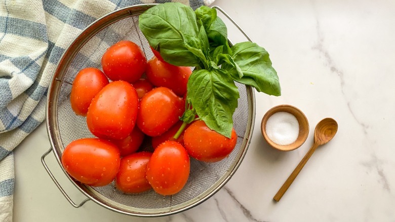 tomatoes, basil, salt