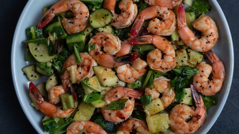 Smashed cucumber salad with shrimp