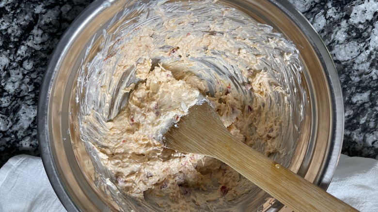 pimento cheese in metal bowl