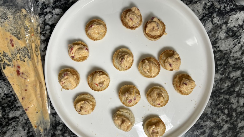 pimento cheese on bread circles