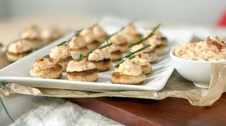 pimento cheese on bread circles