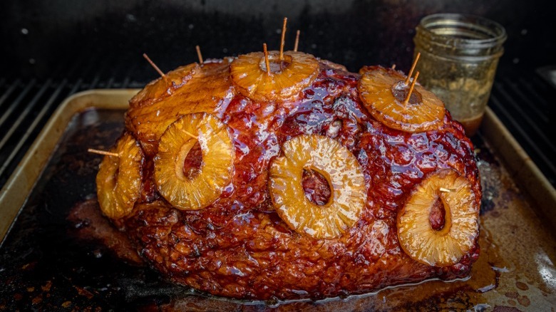 glazed pineapple ham in smoker