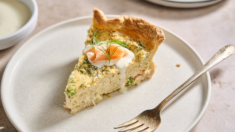 smoked salmon quiche on plate